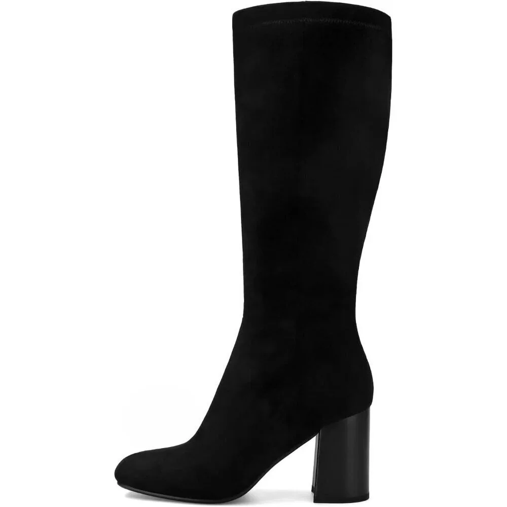 Women's Black Suede Faux Leather Fashion Square Toe Chunky Heel Knee High Boots